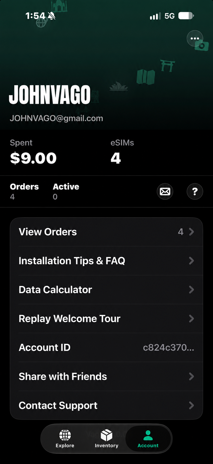 SimVago account screen for JOHNVAGO with orders, installation help and support options