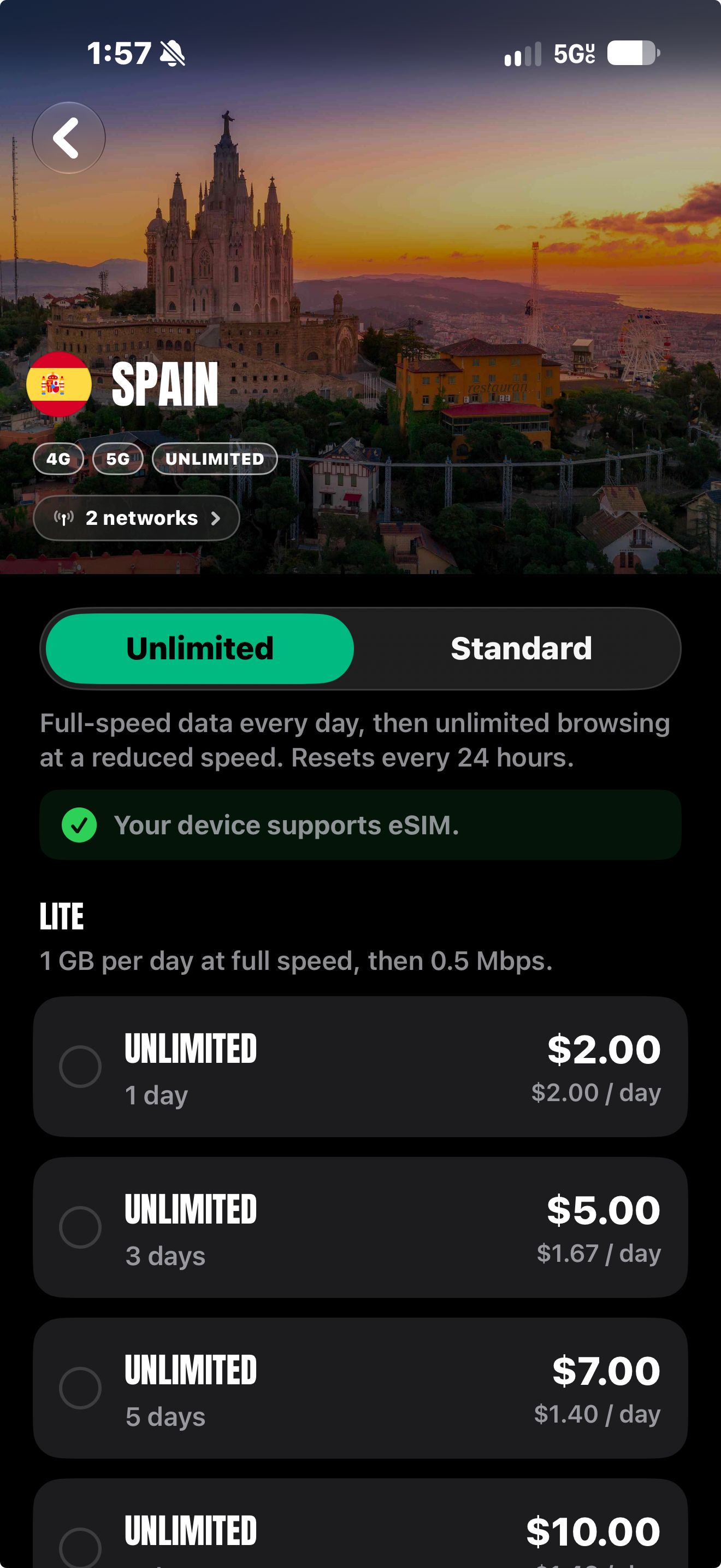 Spain unlimited plan selection screen in the SimVago app