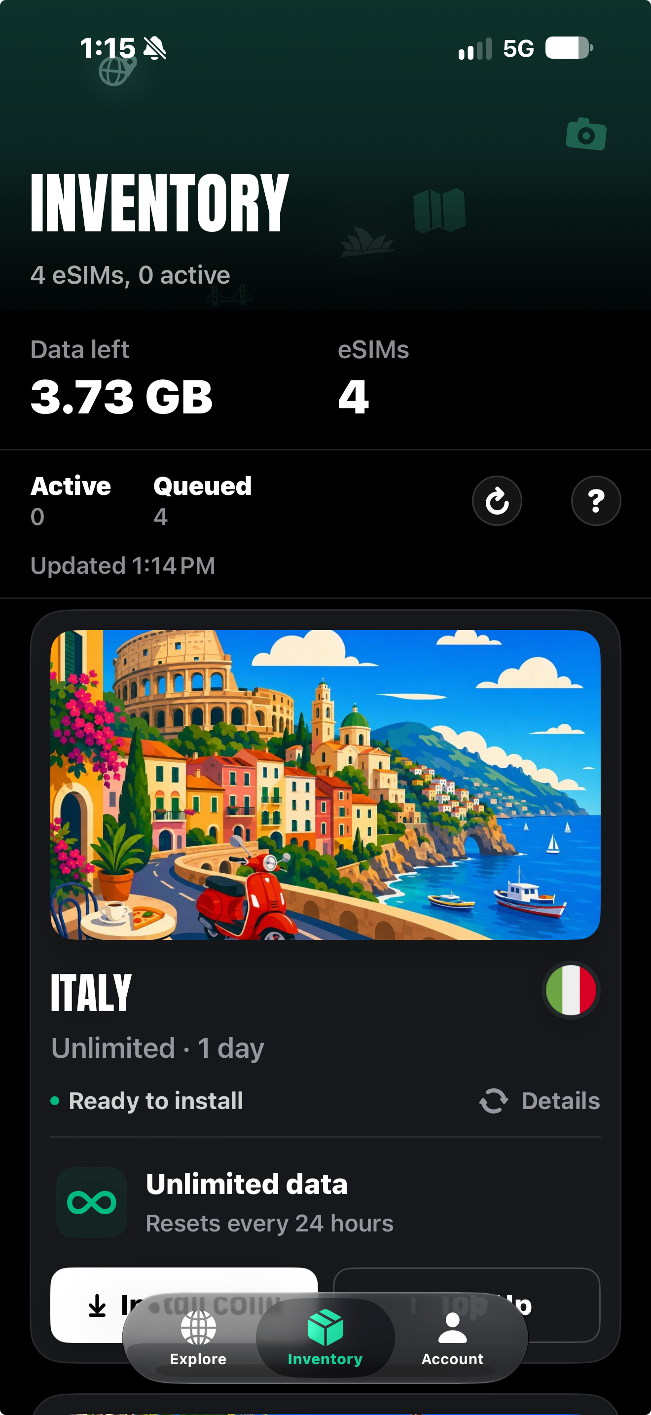 SimVago Inventory screen showing an Italy eSIM ready to install