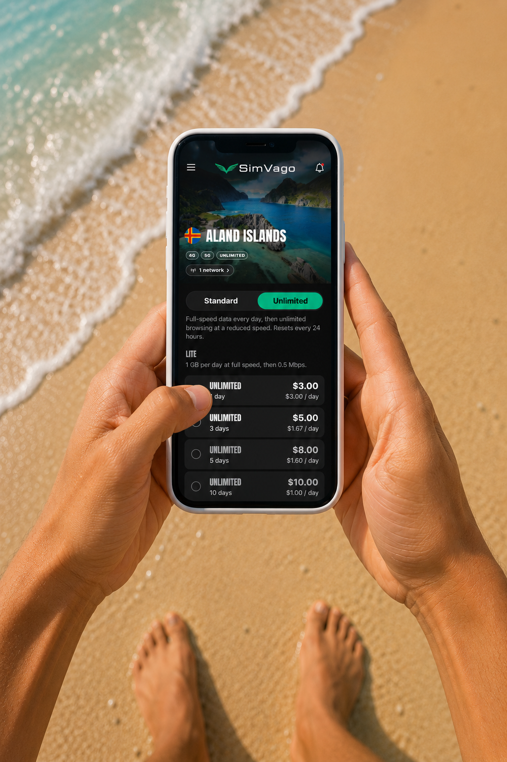 Traveler holding a phone with the SimVago app open on a beach